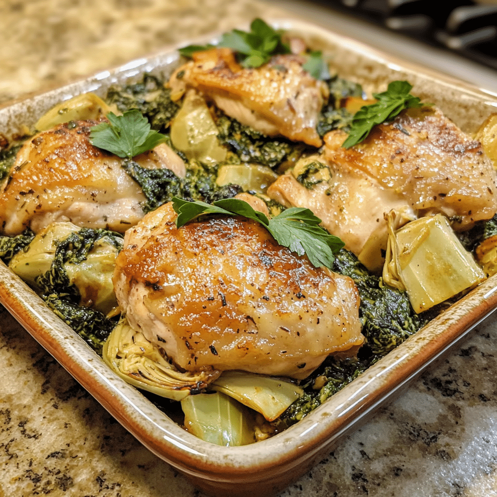 Homemade spinach artichoke chicken in a serving dish in a bright kitchen