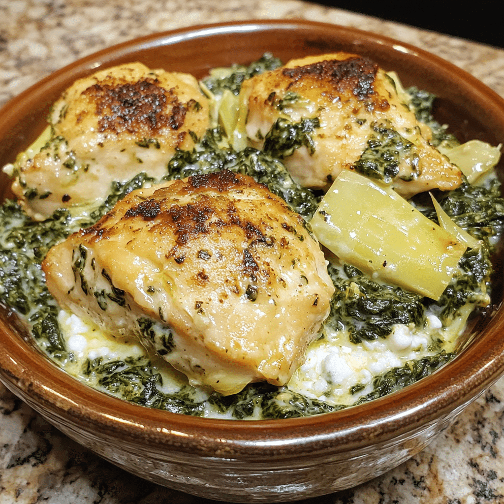 Homemade spinach artichoke chicken with cottage cheese hearty high protein meals in a serving dish in a bright kitchen
