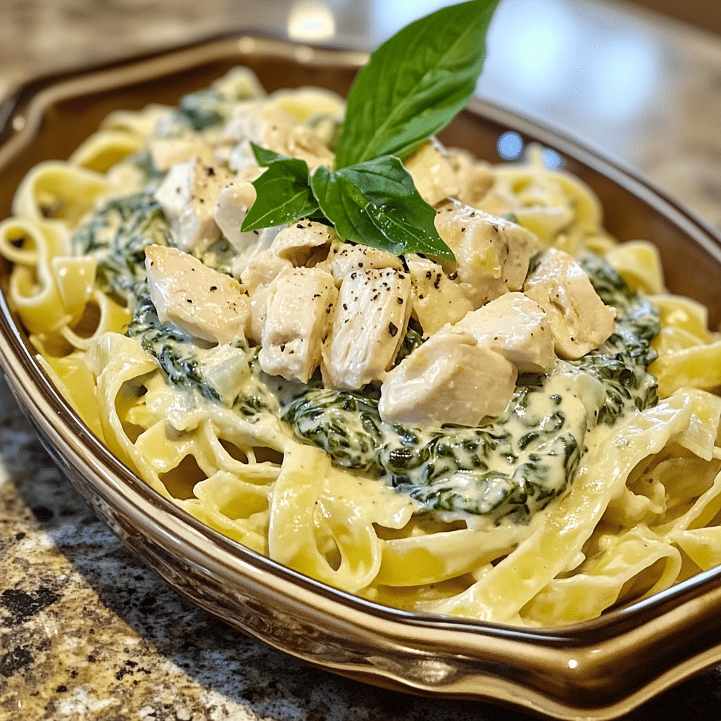 Homemade spinach & artichoke dip pasta with chicken in a serving dish in a bright kitchen