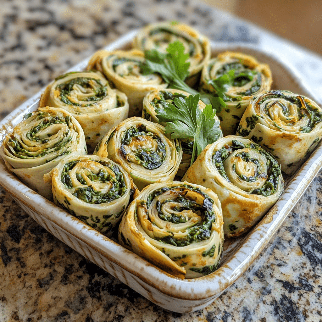 Homemade spinach artichoke vegan pinwheels in a serving dish in a bright kitchen