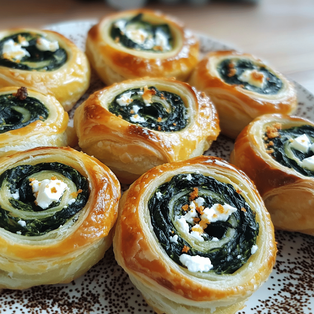 Spinach feta pinwheels with golden puff pastry and a cheesy spinach filling