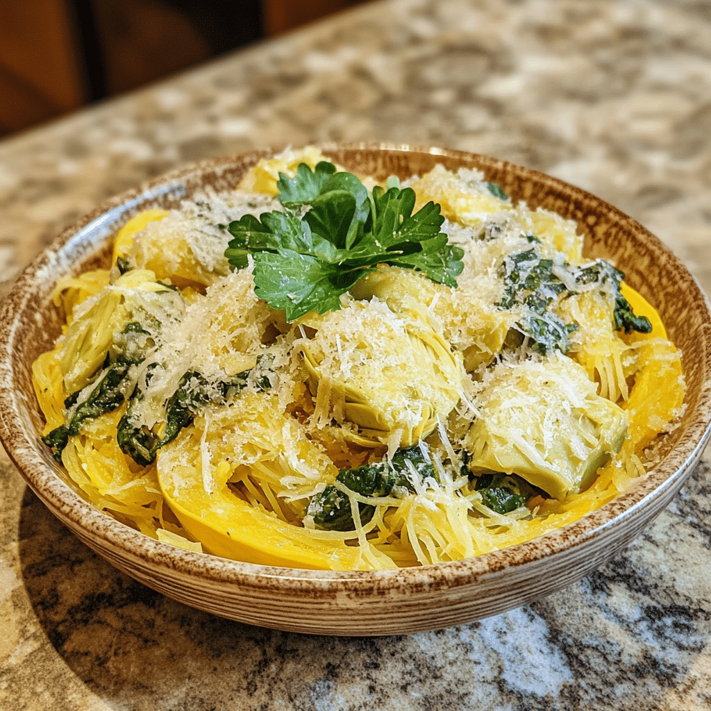Homemade spinach and artichoke stuffed spaghetti squash served in a dish in a bright kitchen