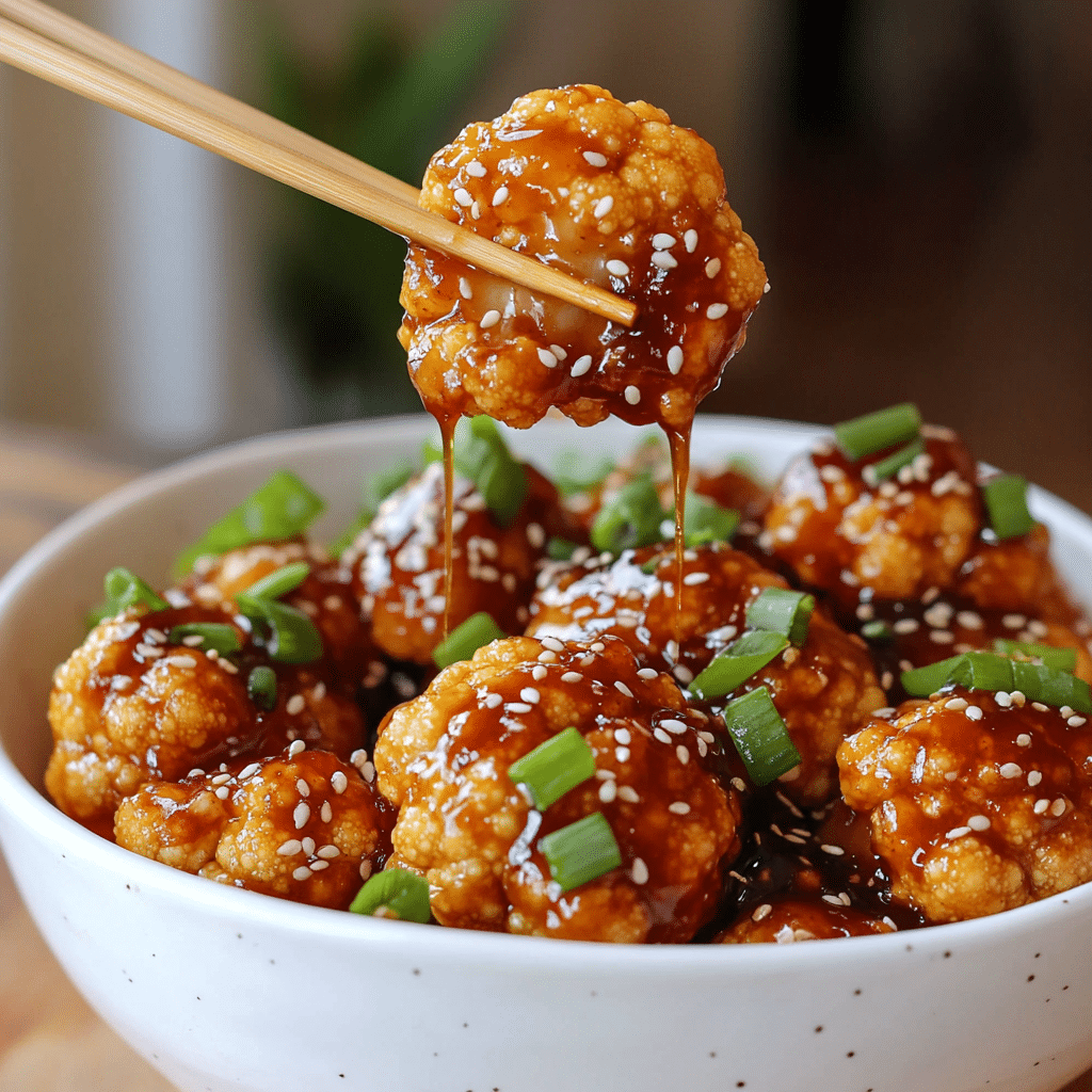 Sticky sesame cauliflower florets topped with sesame seeds and green onions in a bowl