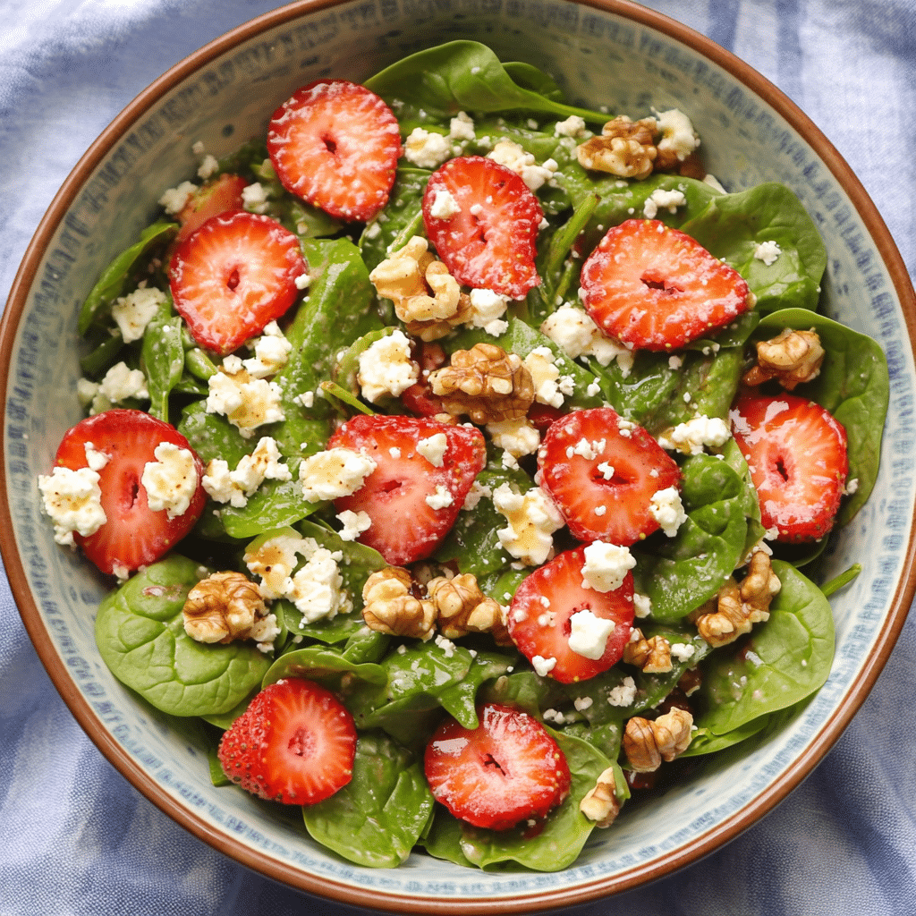 Strawberry feta spinach salad with walnuts and balsamic dressing in a bowl