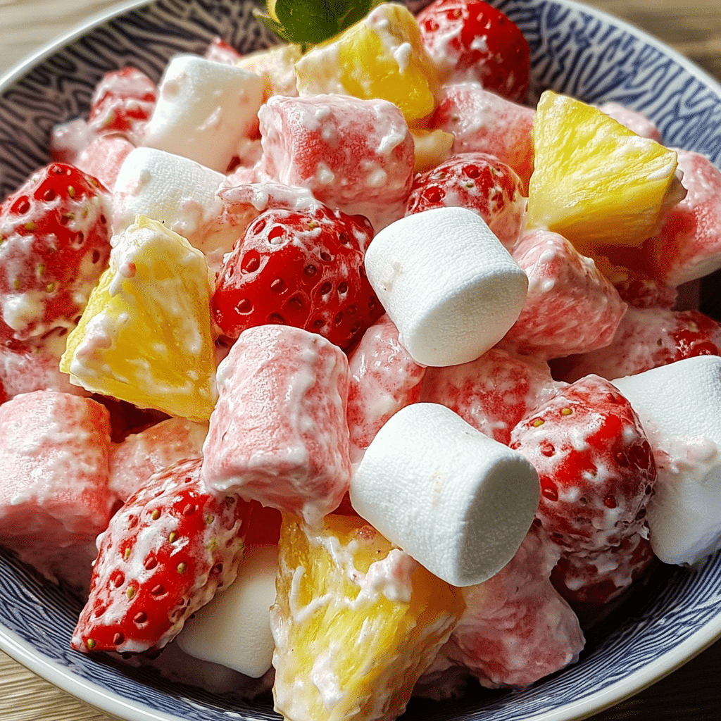 Strawberry Fluff Salad served in a dish with visible texture and garnish