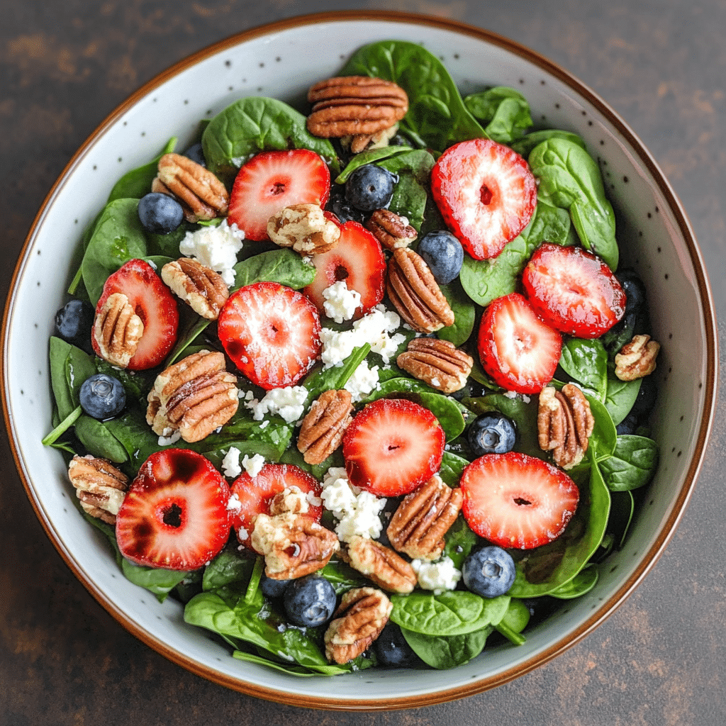 Strawberry spinach salad with blueberries pecans feta and balsamic glaze