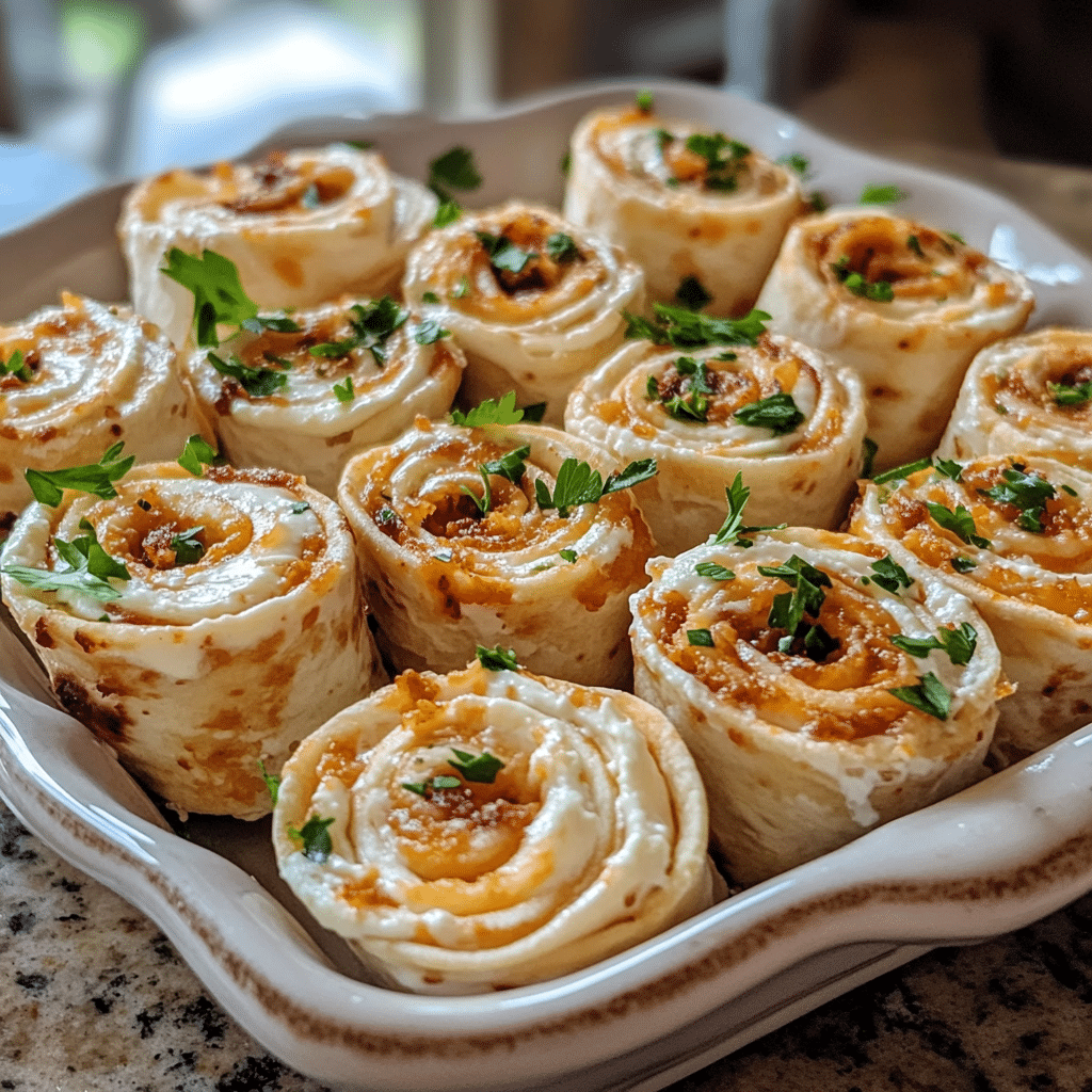 Homemade taco cream cheese pinwheels in a serving dish in a bright kitchen