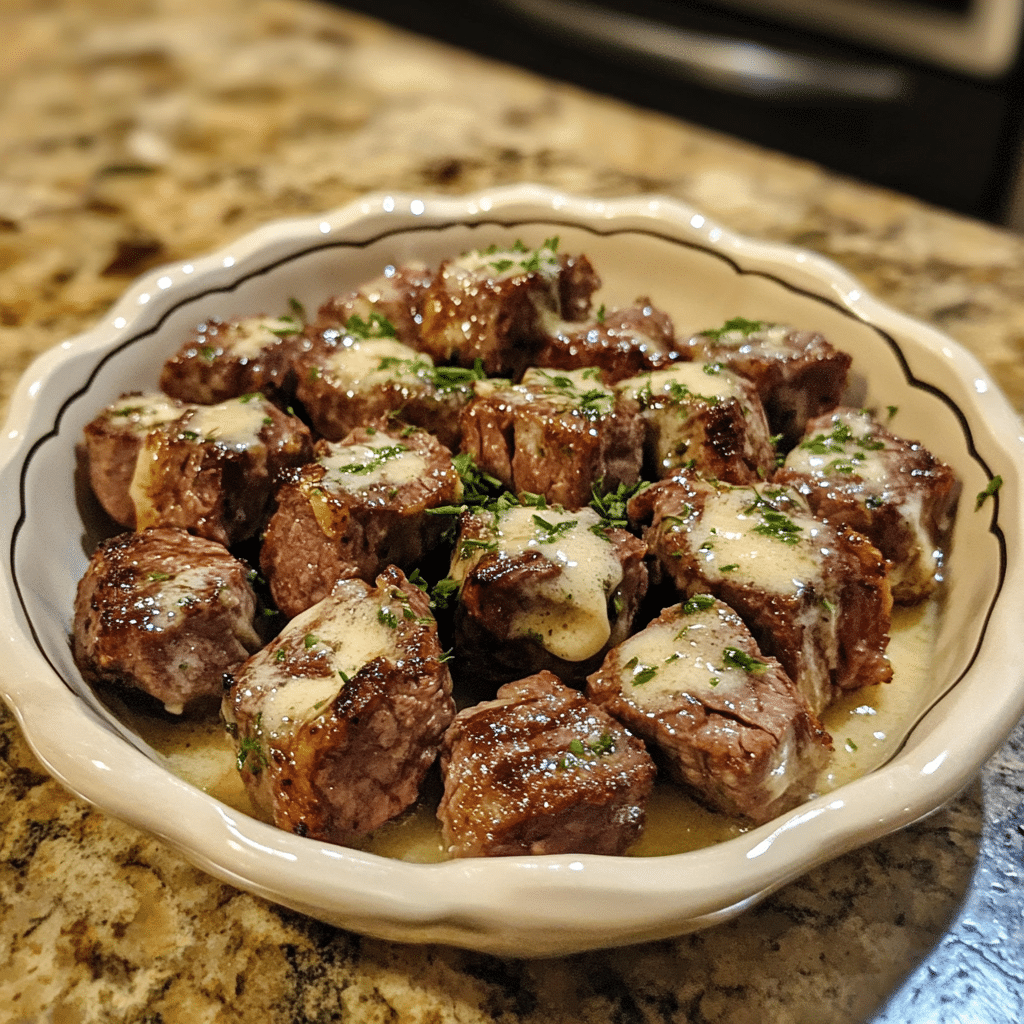 Homemade tender steak bites in garlic butter with creamy parmesan sauce in a serving dish in a bright kitchen