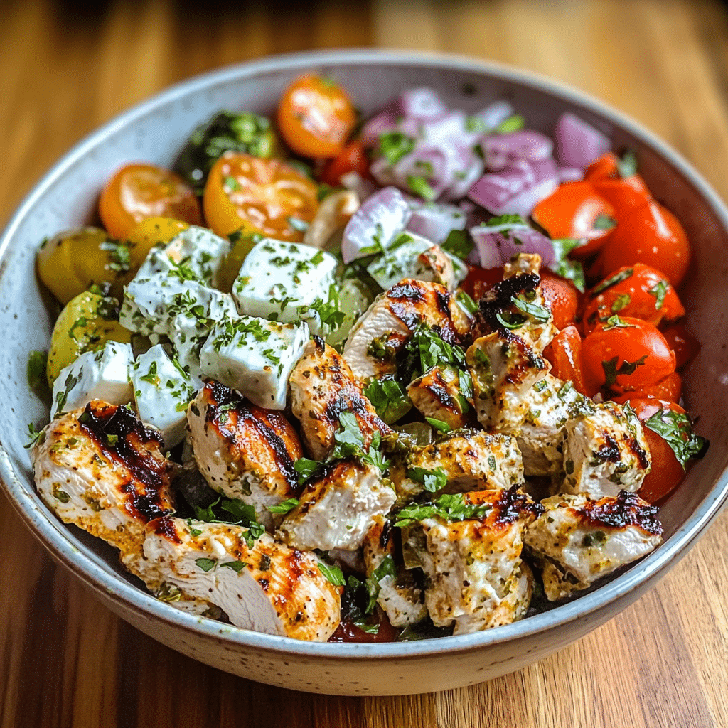 Bowl of the best healthy greek chicken bowl ready to eat