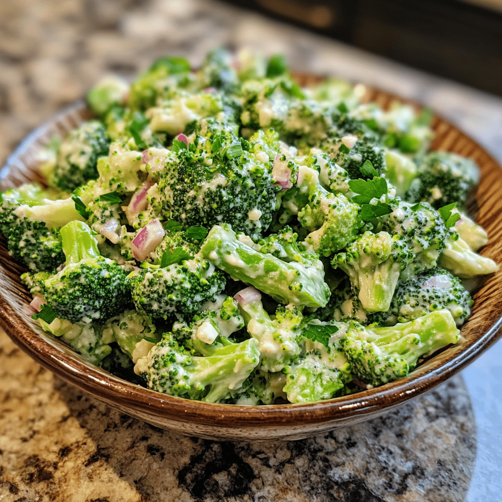 Homemade the best broccoli salad recipe in a serving dish in a bright kitchen