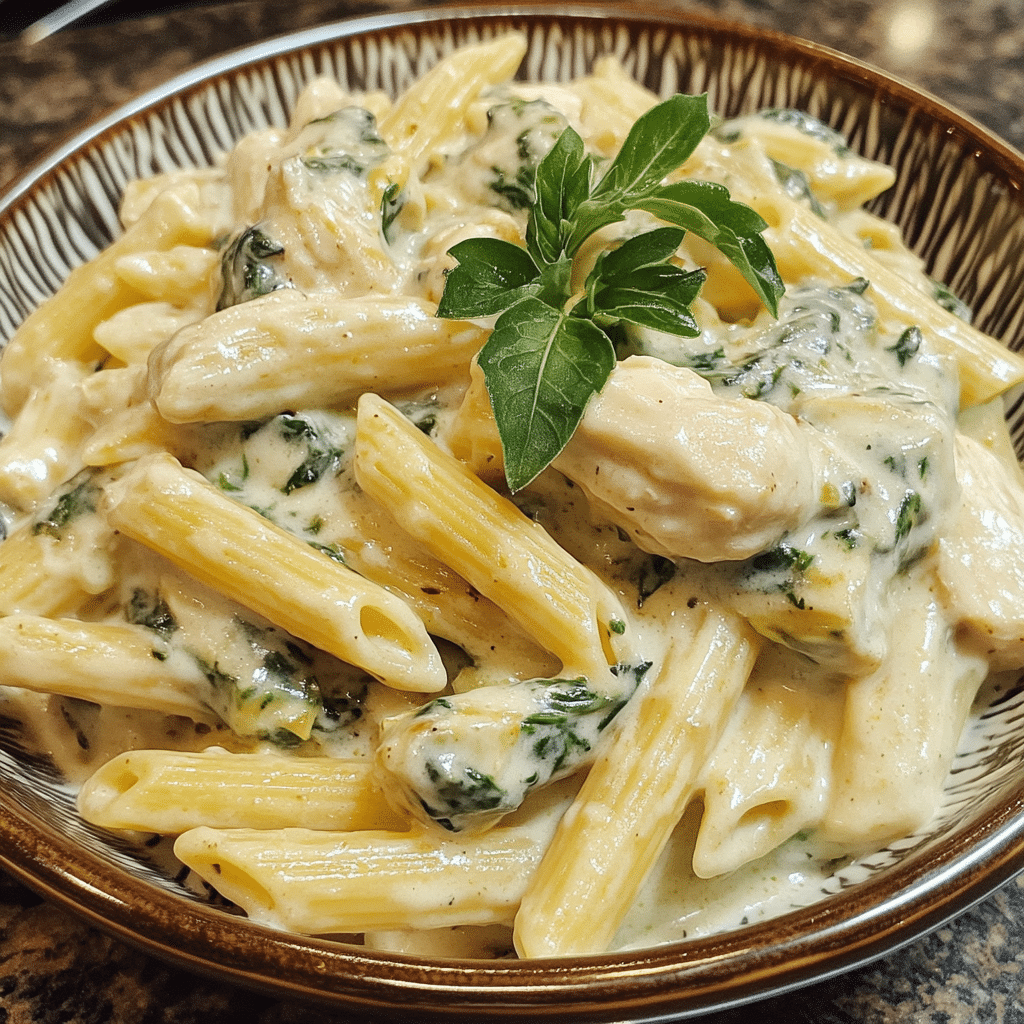 Homemade the best creamy spinach artichoke chicken penne ever in a serving dish in a bright kitchen
