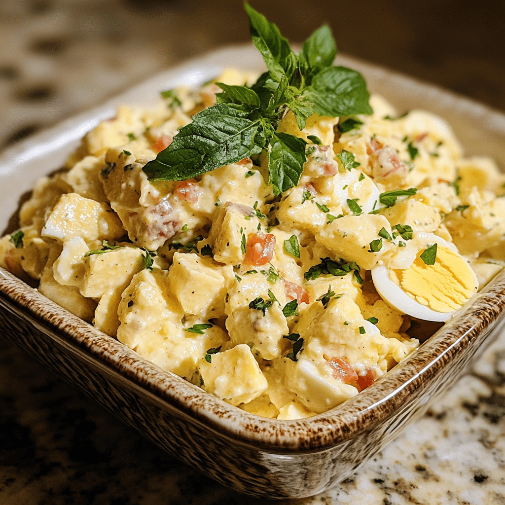 Homemade the best egg salad served in a dish in a bright kitchen