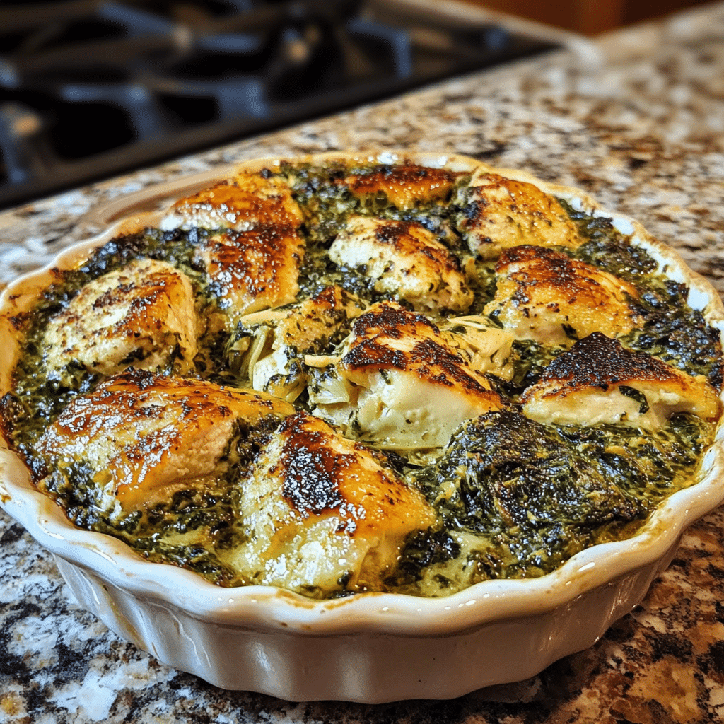 Homemade the perfect spinach and artichoke chicken bake in a serving dish in a bright kitchen