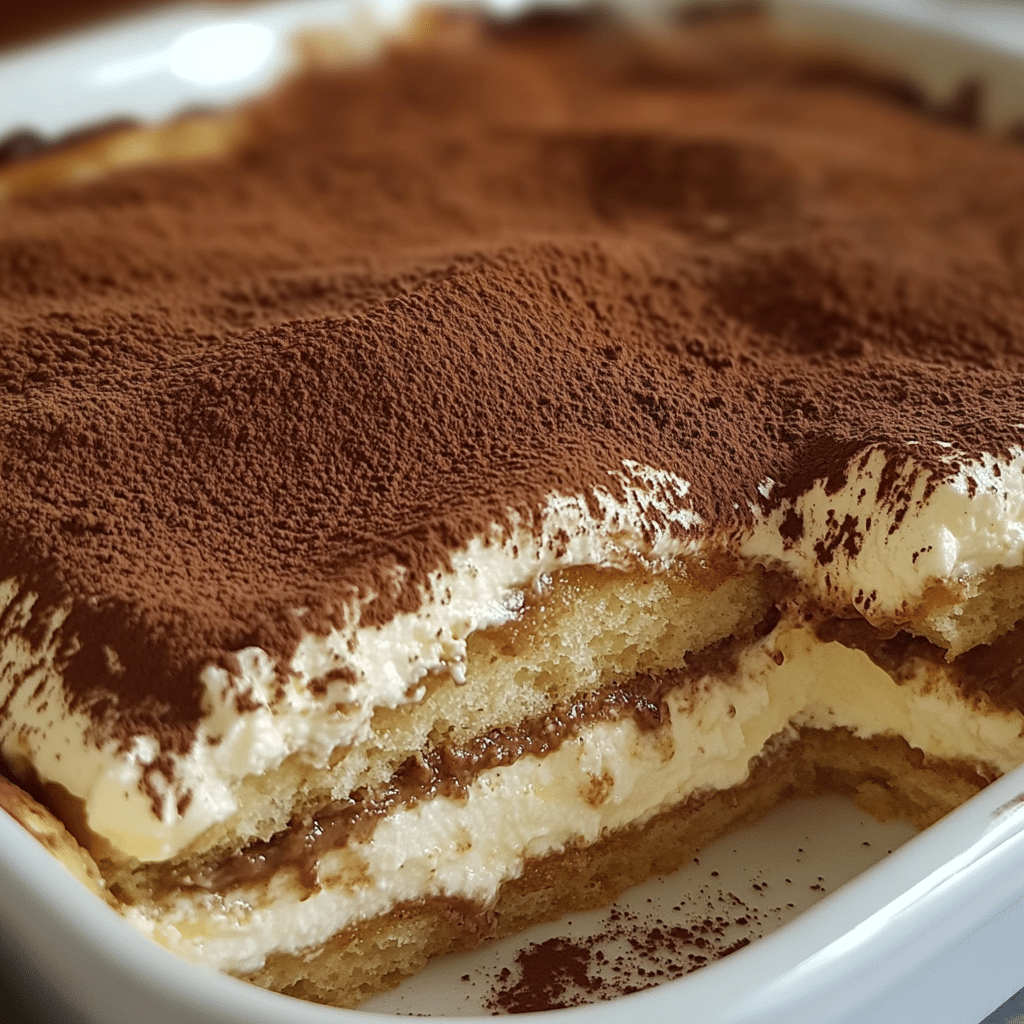Tiramisu served in a dish with visible texture and garnish