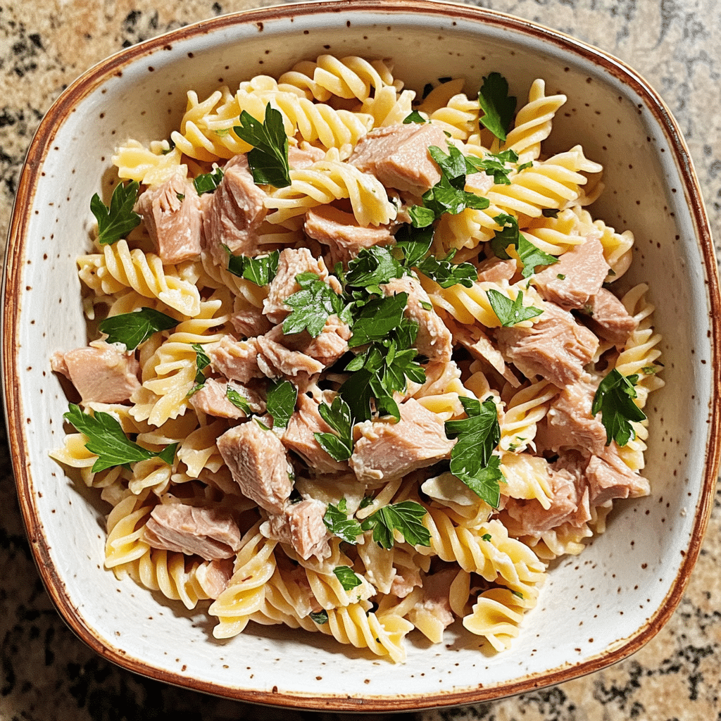 Homemade tuna pasta in a serving dish in a bright kitchen