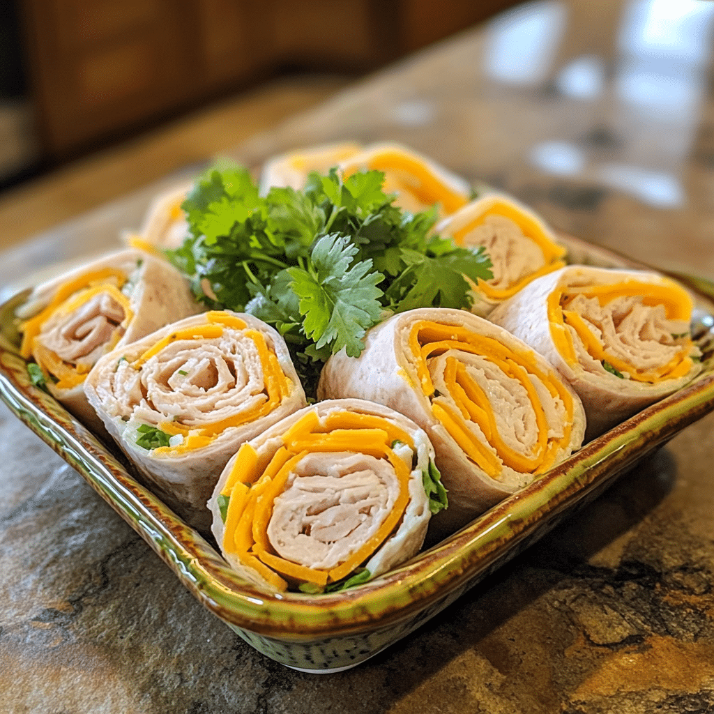 Homemade turkey & cheddar lunch roll ups in a serving dish in a bright kitchen