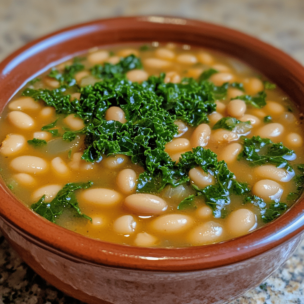 Homemade tuscan white bean soup with kale in a serving dish in a bright kitchen