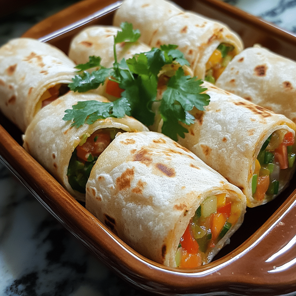 Homemade vegetable tortilla roll ups in a serving dish in a bright kitchen