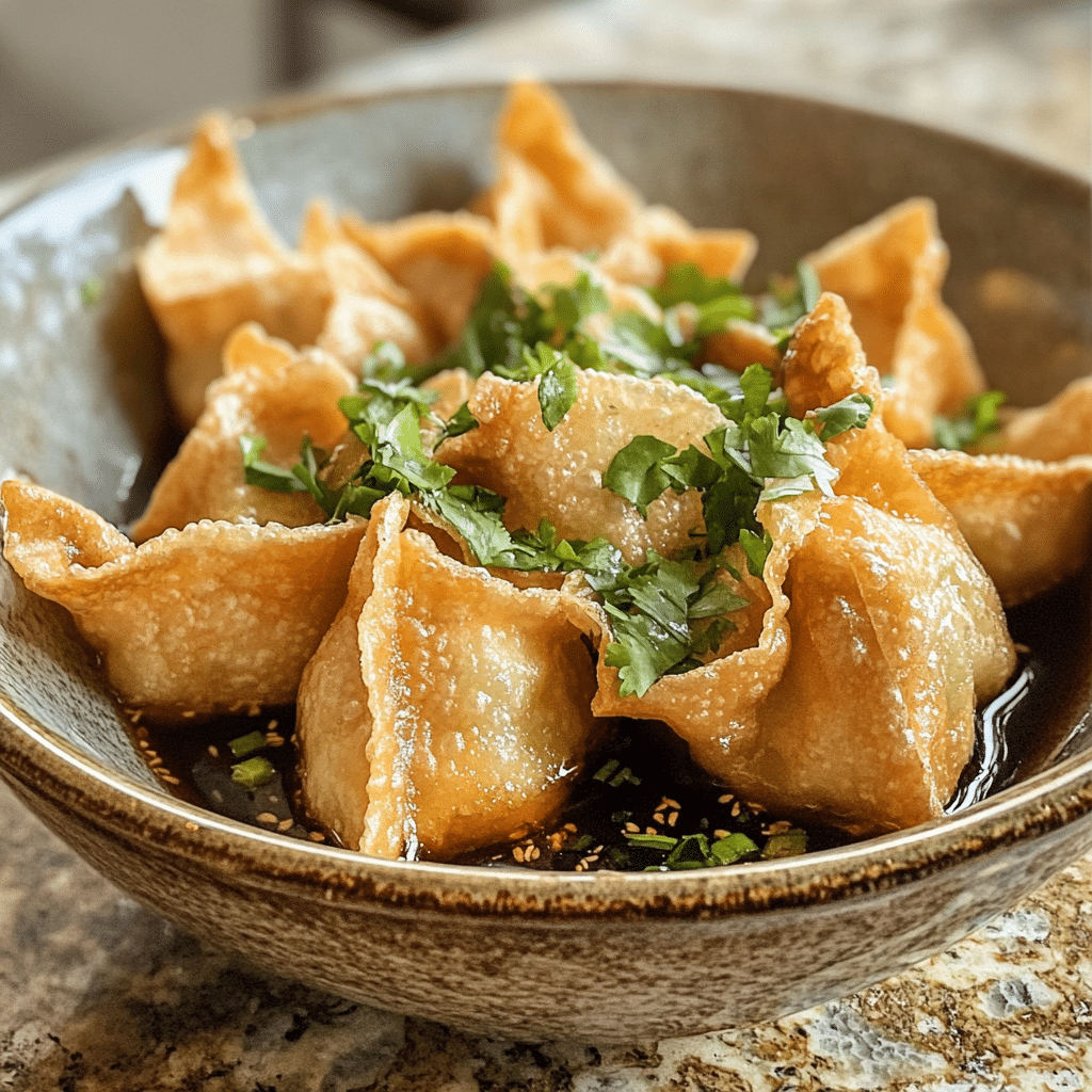 Homemade wonton air fryer recipes in a serving dish in a bright kitchen