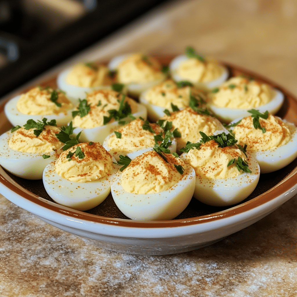 Homemade zesty deviled eggs in a serving dish in a bright kitchen