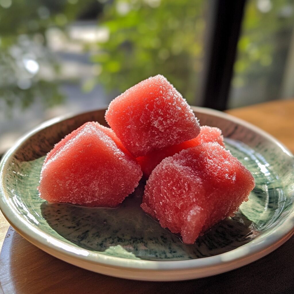 13 Simple, Refreshing Frozen Watermelon Desserts served on a plate in natural light