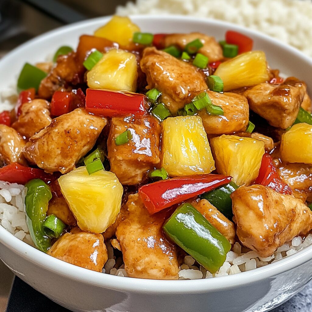 20 Minute Ginger Pineapple Chicken Stir Fry Rice Bowl served with pineapple, bell peppers, and glossy ginger sauce