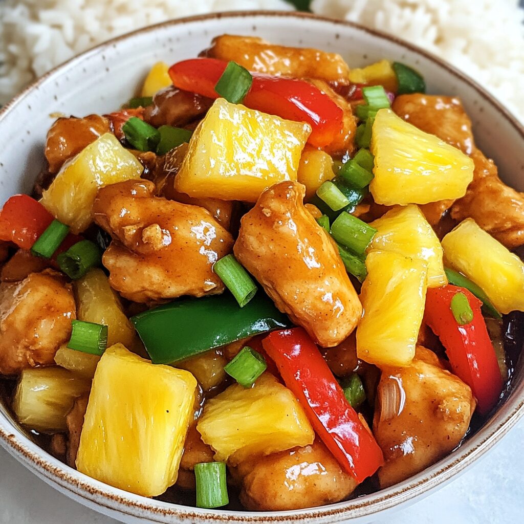 20 Minute Ginger Pineapple Chicken Stir Fry served with pineapple, bell peppers, and glossy ginger sauce