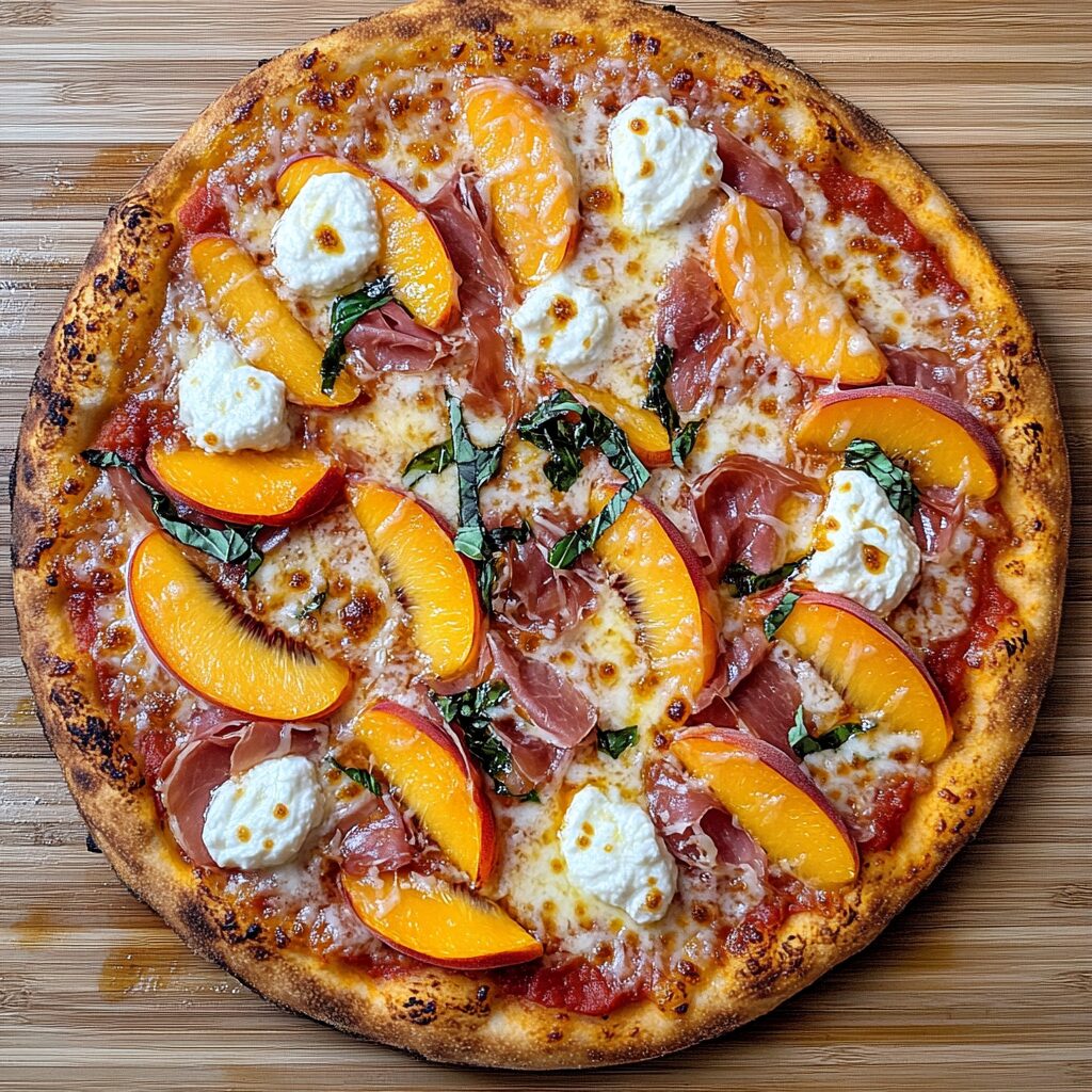 3 Cheese Prosciutto Peach Pizza topped with peaches, ricotta, mozzarella, Parmesan, and halal turkey prosciutto-style slices