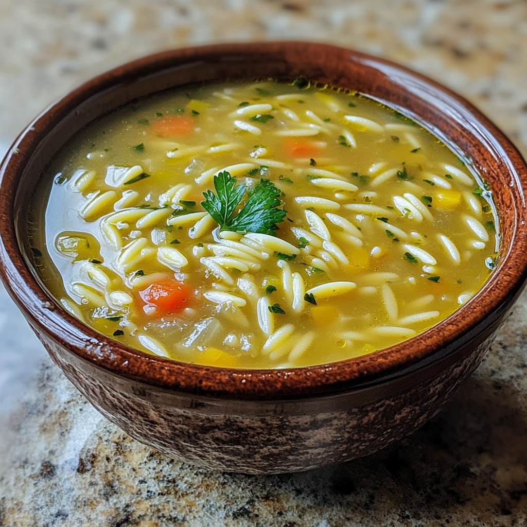 Homemade avgolemono soup with orzo in a serving dish in a bright kitchen