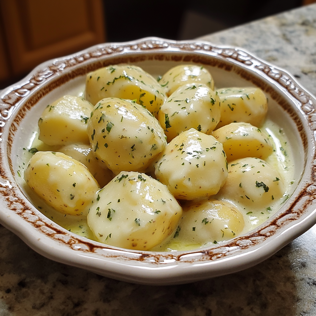 Homemade baby potatoes in garlic cream in a serving dish in a bright kitchen