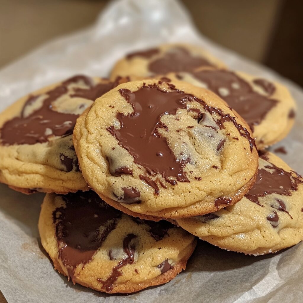 Bakery-style chocolate chip cookies stacked on parchment with melted chocolate and golden brown edges
