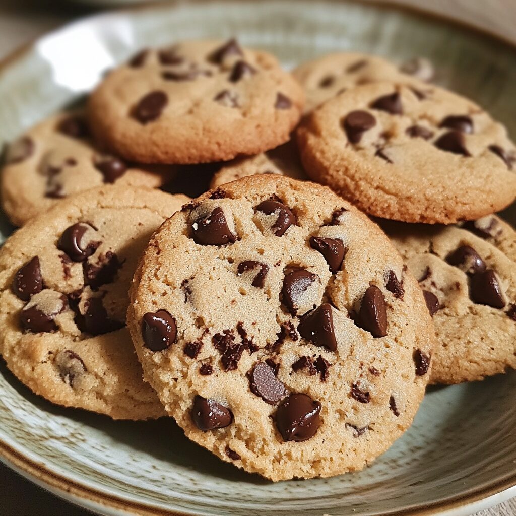 Bakery Style Chocolate Chip Cookies served on a plate in natural light