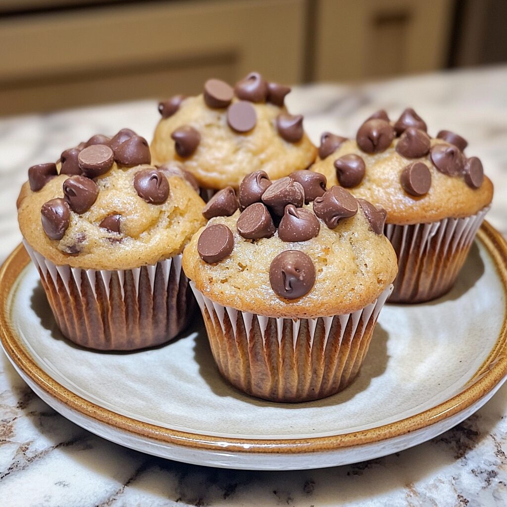 Bakery Style Chocolate Chip Muffins in 2023 Chocolate chip muffin recipe, Baking, Chocolate chip m served on a plate in natural light