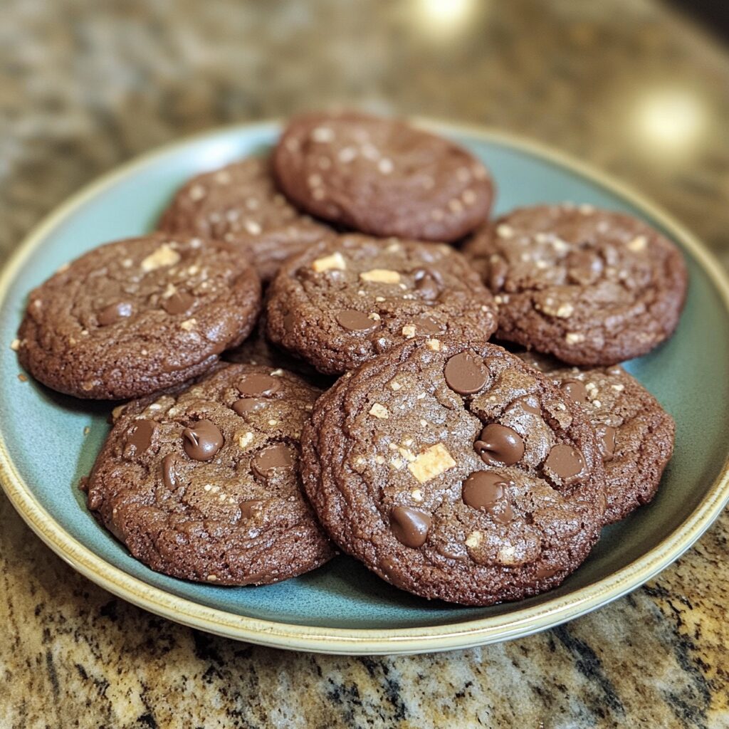 Bakery Style Double Chocolate Chip Cookies served on a plate in natural light