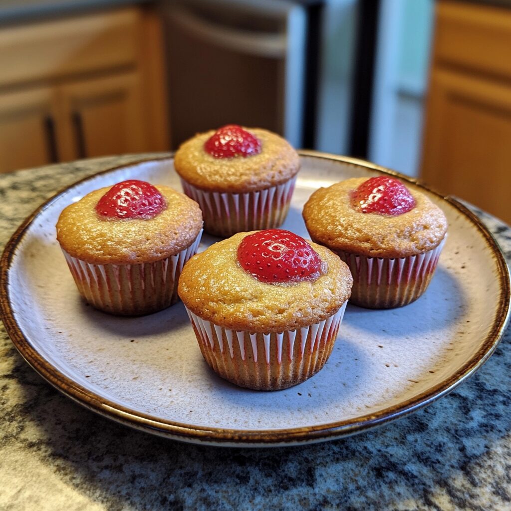 Bakery Style Strawberry Muffins served on a plate in natural light