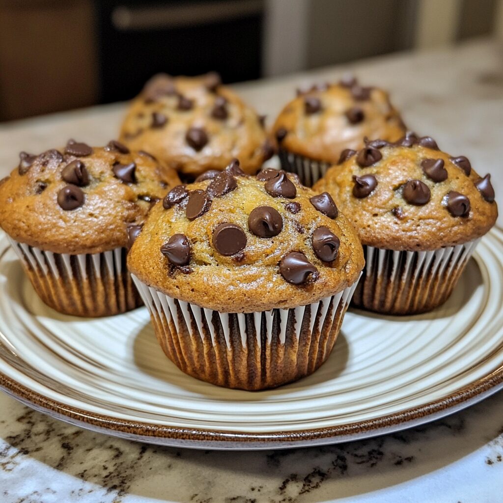Banana Chocolate Chip Muffins served on a plate in natural light