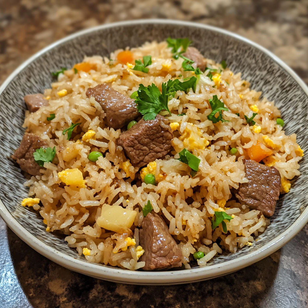Homemade beef fried rice in a serving dish in a bright kitchen