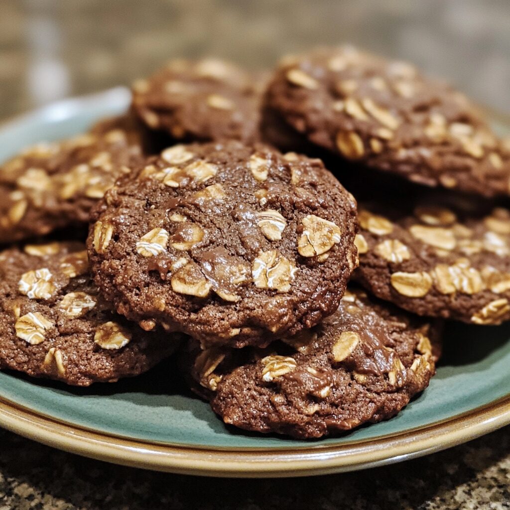Best Chocolate Oatmeal Cookies That Are Super Chewy served on a plate in natural light