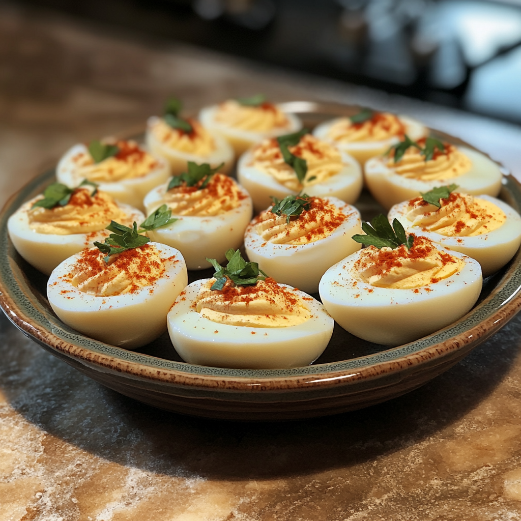 Homemade best deviled eggs in a serving dish in a bright kitchen
