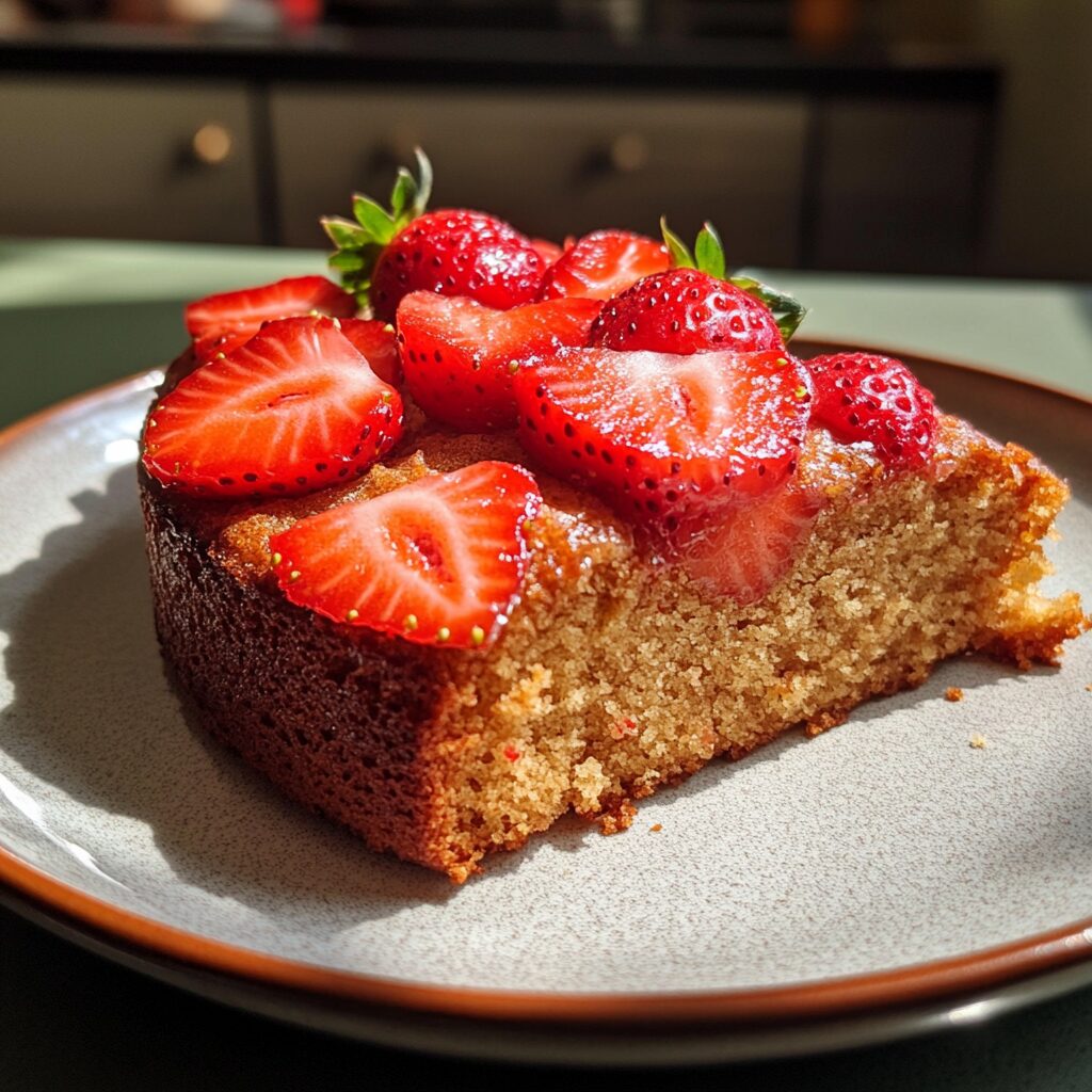 Best Ever Strawberry Cake served on a plate in natural light