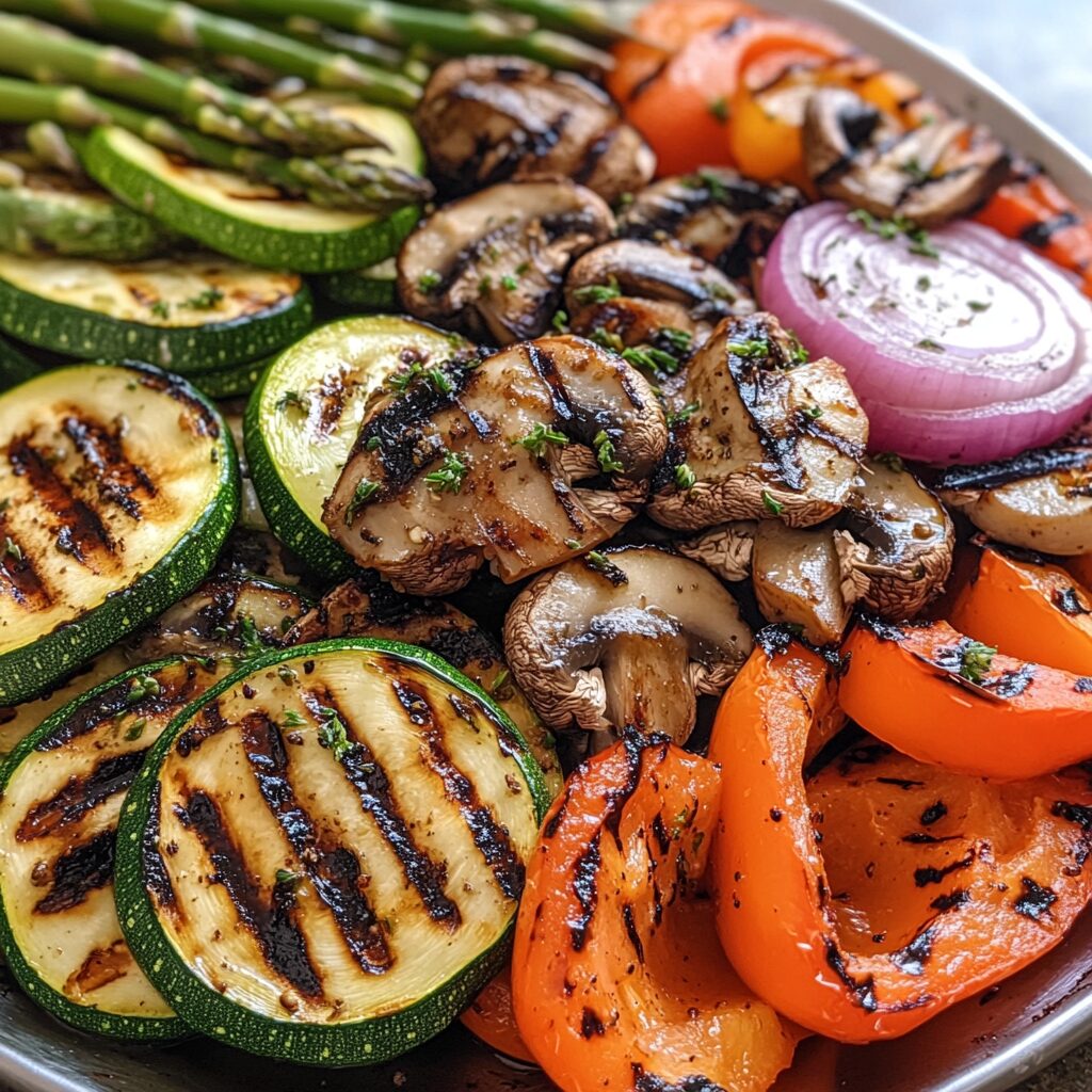Grilled vegetables platter with zucchini peppers mushrooms onion and asparagus