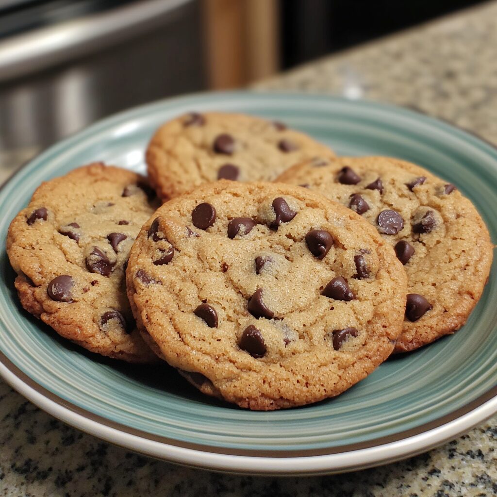 Better than a Bakery Chocolate Chip Cookies served on a plate in natural light