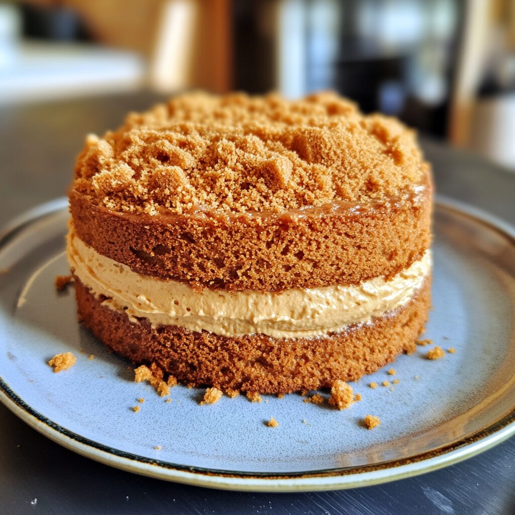 Biscoff Cake served on a plate in natural light