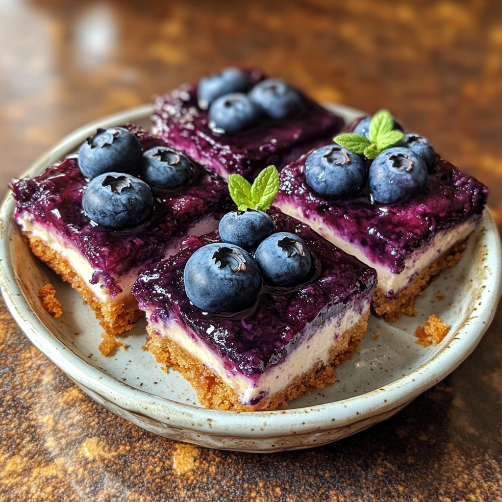 Homemade blueberry cheesecake bars (no bake) in a serving dish in a bright kitchen