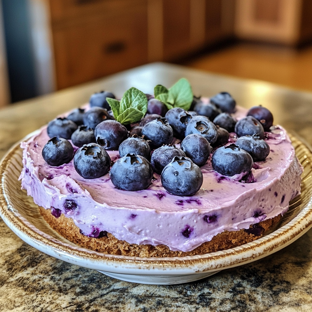 Homemade blueberry cheesecake icebox cake in a serving dish in a bright kitchen