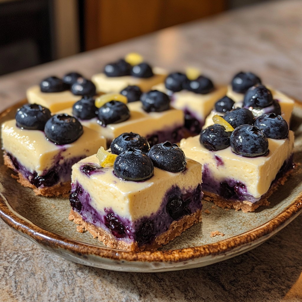 Homemade blueberry lemon bliss cheesecake bars in a serving dish in a bright kitchen