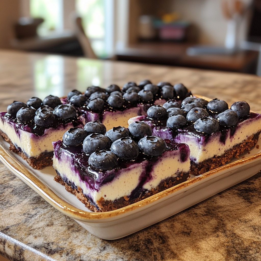 Homemade blueberry lemon cheesecake bars in a serving dish in a bright kitchen