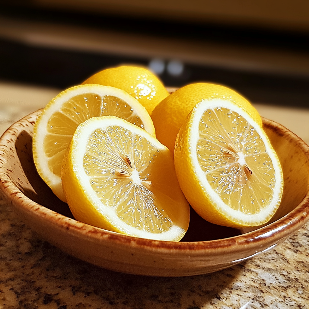 Homemade bright lemon in a serving dish in a bright kitchen