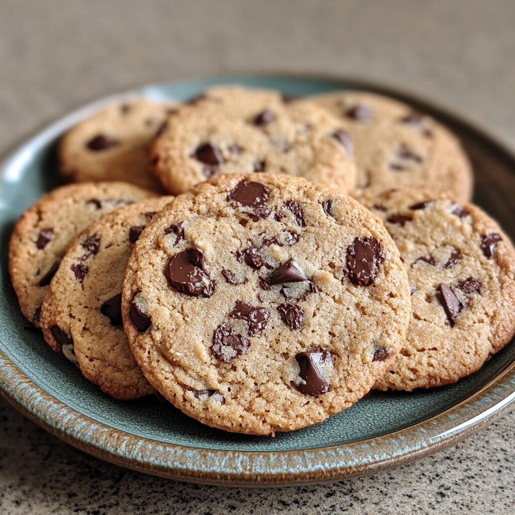 Brown Butter Sourdough Discard Chocolate Chip Cookies served on a plate in natural light