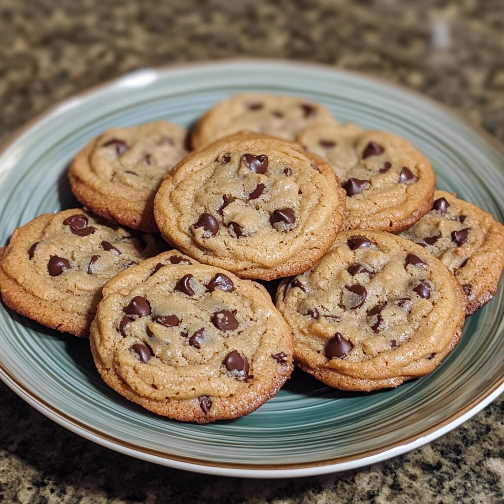Chewy Brown Butter Chocolate Chip Cookies served on a plate in natural light